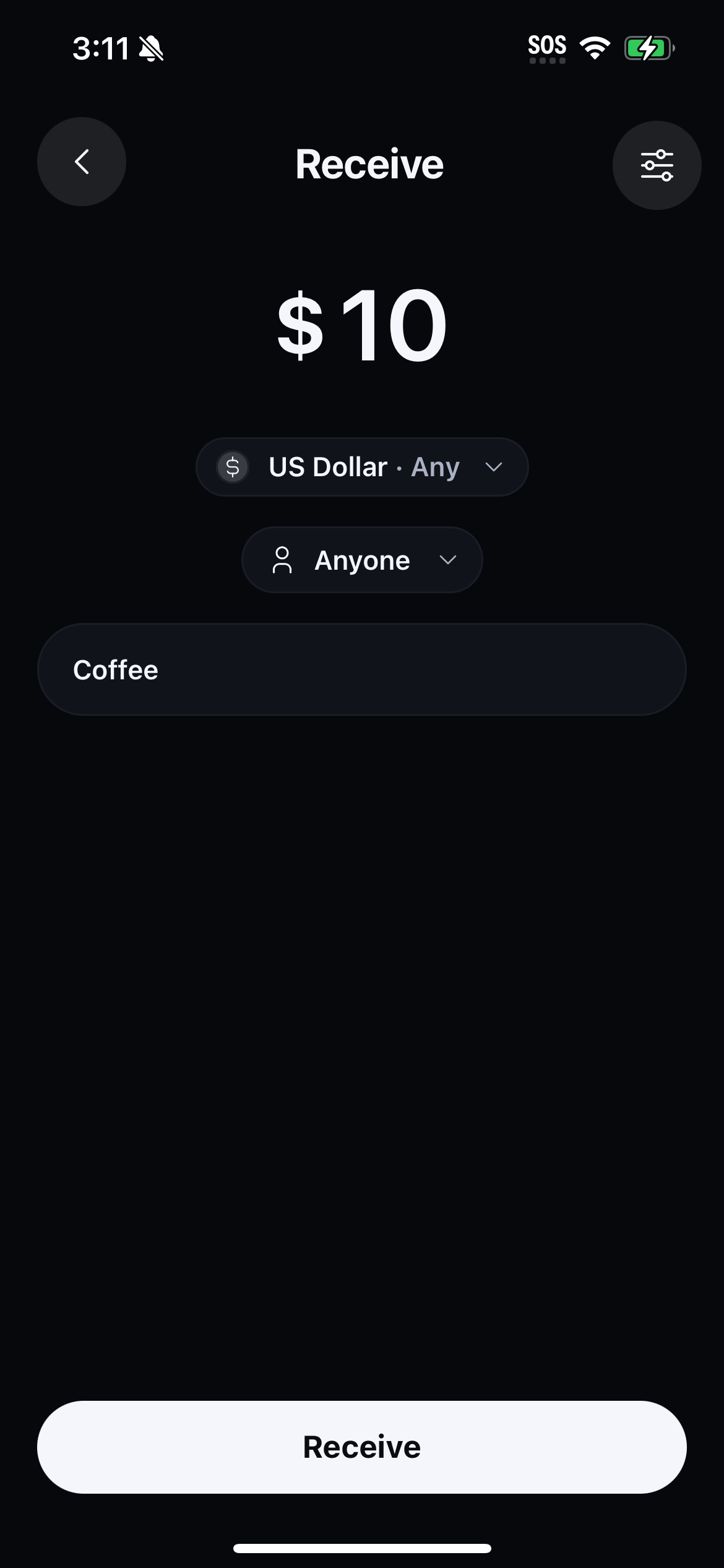 Payment request form with amount and note